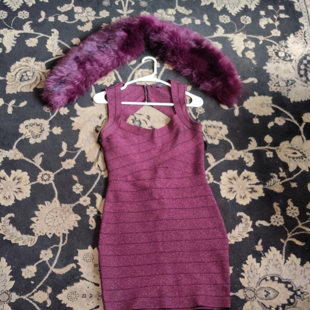 Burgundy Sparkling Bandage Dress with Faux Fur Stole